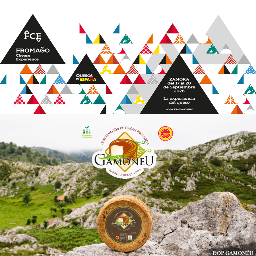 Un queso gamonéu en un paisaje de su zona de elaboración y encima el logo de Fromago